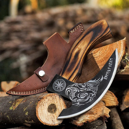 Custom Hand-Engraved Pizza Axe with 8-Inch J2 Steel Blade and Wooden Handle