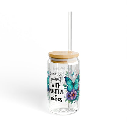 Butterfly Sipper Glass - 16oz, Positive Vibes Drinkware, Floral Glass, Eco-Friendly Tumbler, Gift for Garden Lovers, Summer Drinkware