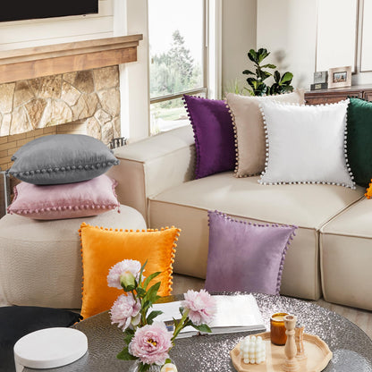 Velvet Throw Pillow Covers with Pom-Poms, 26x26 Inch