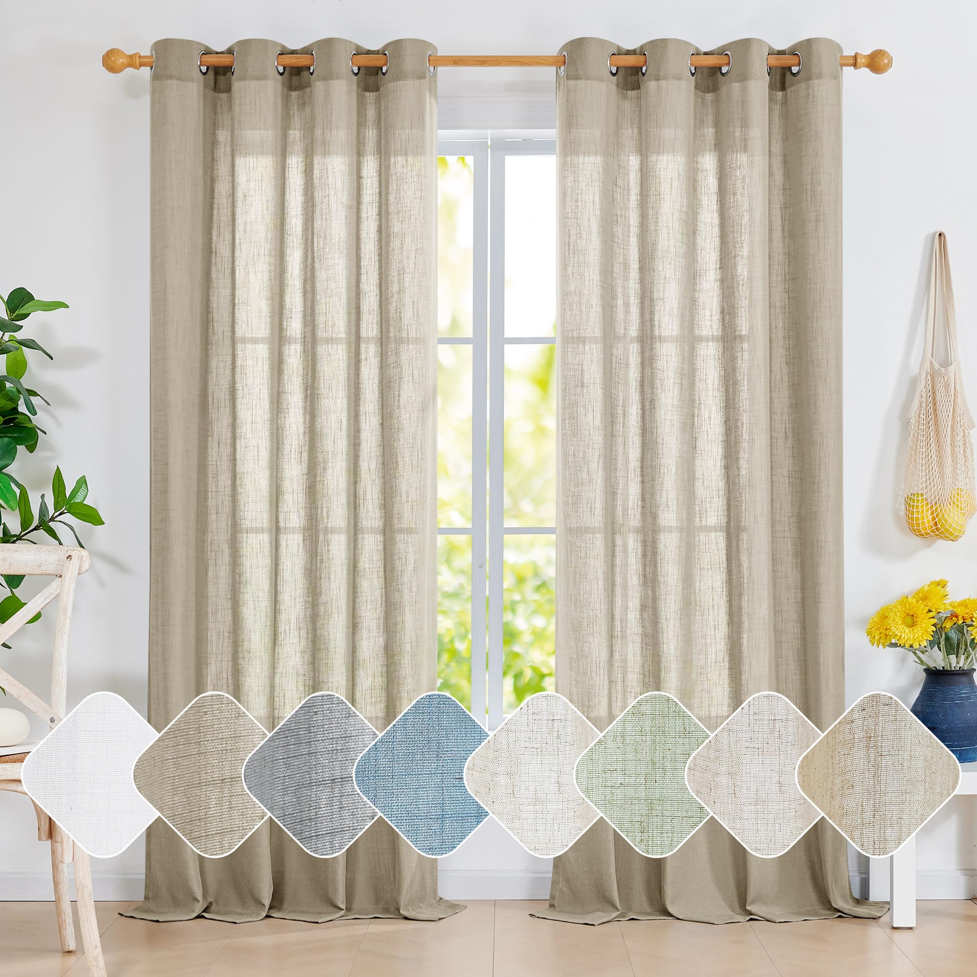 Linen Look Boho Semi-Sheer Curtains, 52x63 Inch, 2 Panels