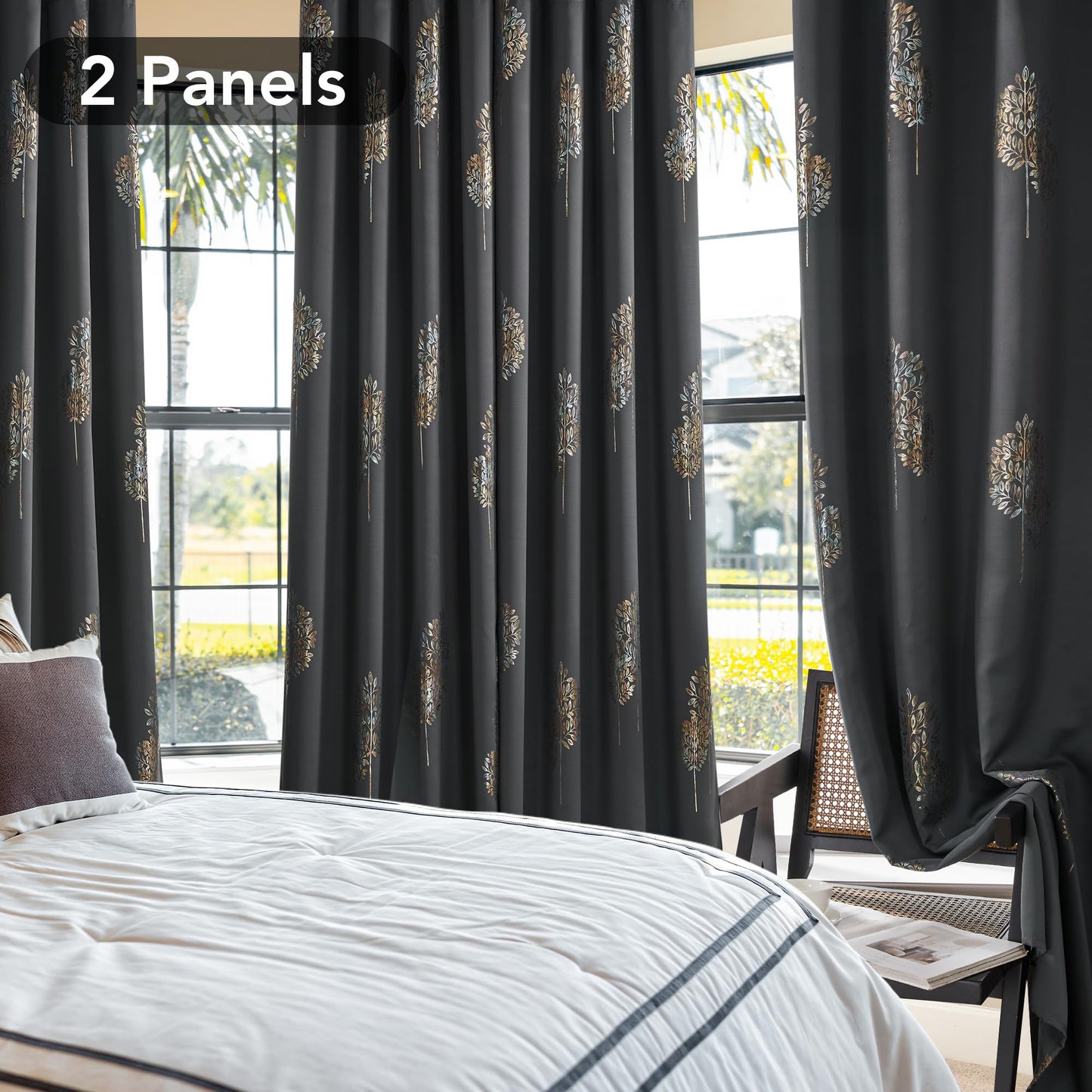 Room Darkening Curtains with Line Foil Print, Navy Blue, 2 Panels