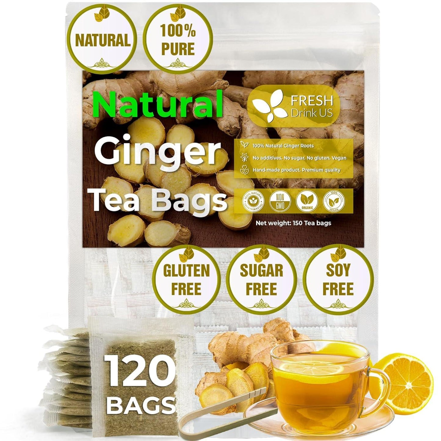 Premium Ginger Tea Bags, 100% Natural & Pure from Ginger Roots, Ginger Tea, Ginger Herbal Tea. Ginger Tea. No Sugar, No Caffeine, No Gluten, Vegan.