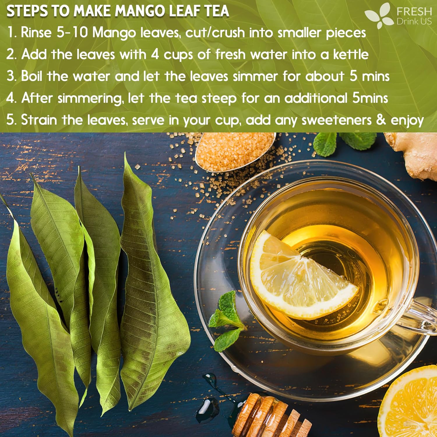 Mango Leaf, Whole Dried Leaves, Tea Bags, Powder, 100% Natural & Pure from Mango Leaves. Mango Dried Leaves. Loose Leaf Mango Herbal Tea. Mango Leaf Tea. No Sugar, No Caffeine, No Gluten, Vegan.