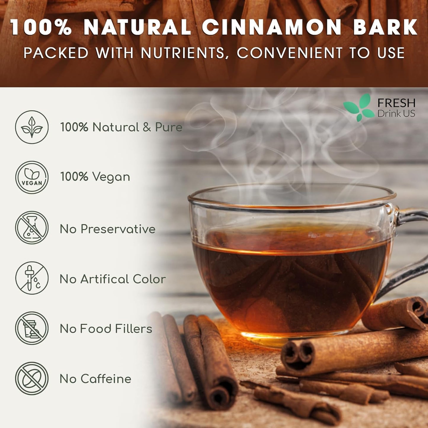 Cinnamon Sticks, Whole Sticks, 100% Natural & Pure Cinnamon Inner Bark, Raw Cinnamon Spice Flavor & Strong Aroma, Cinnamon Spice Herbal Tea, Perfect for Warm Beverages, No Additives, Vegan