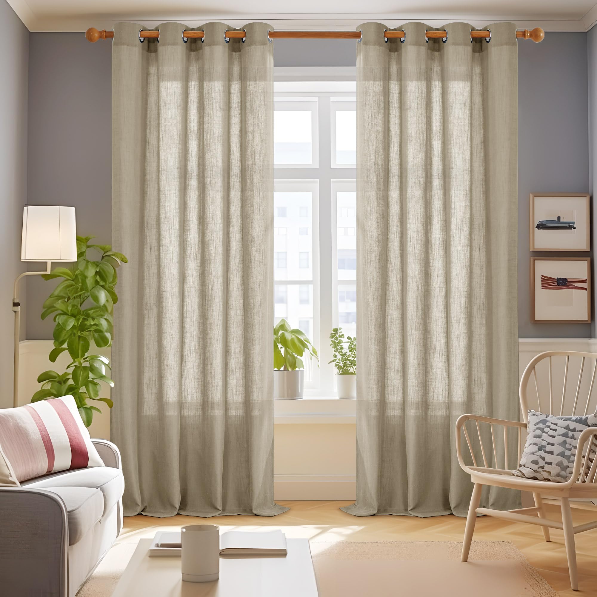 Linen Look Boho Semi-Sheer Curtains, 52x63 Inch, 2 Panels