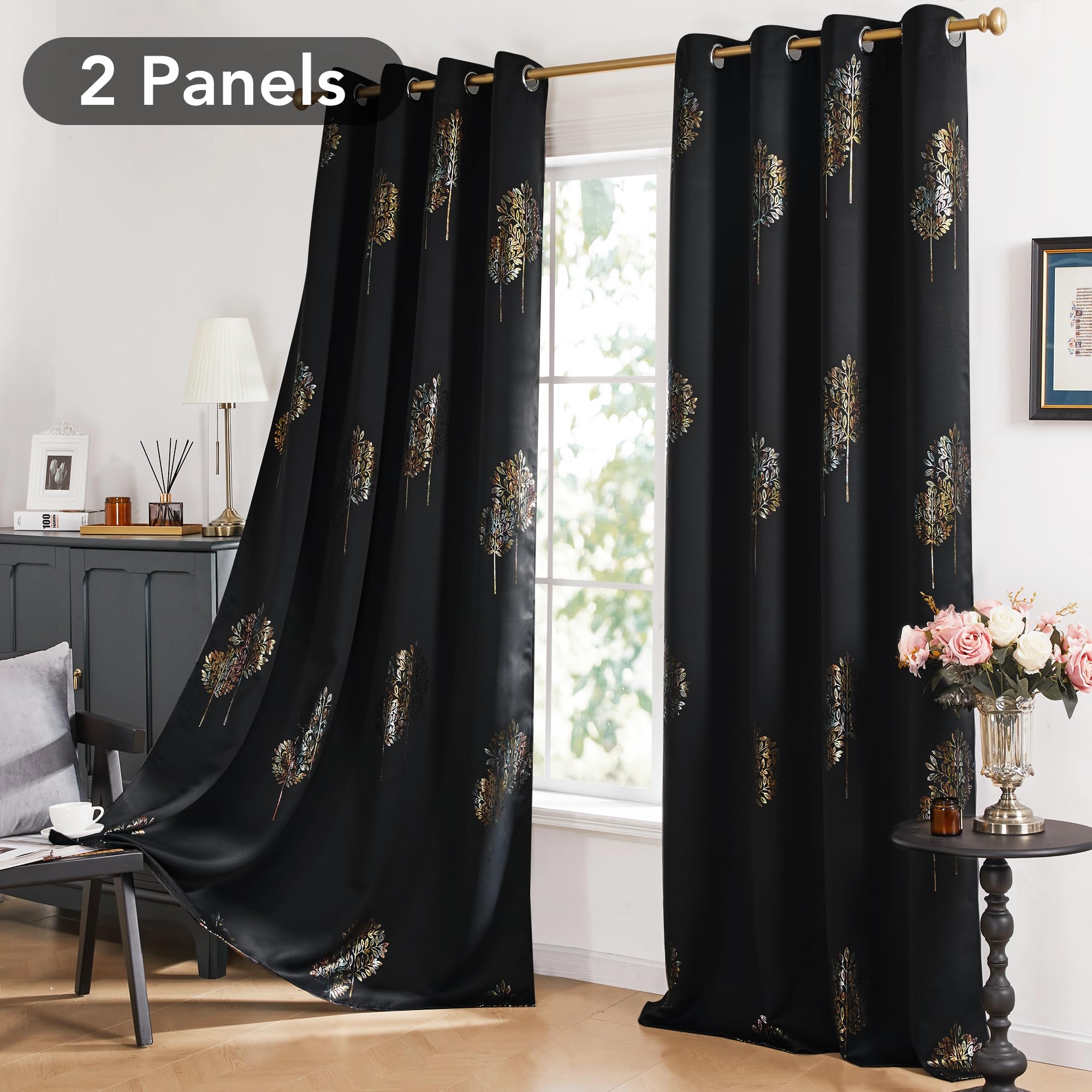 Room Darkening Curtains with Line Foil Print, Navy Blue, 2 Panels