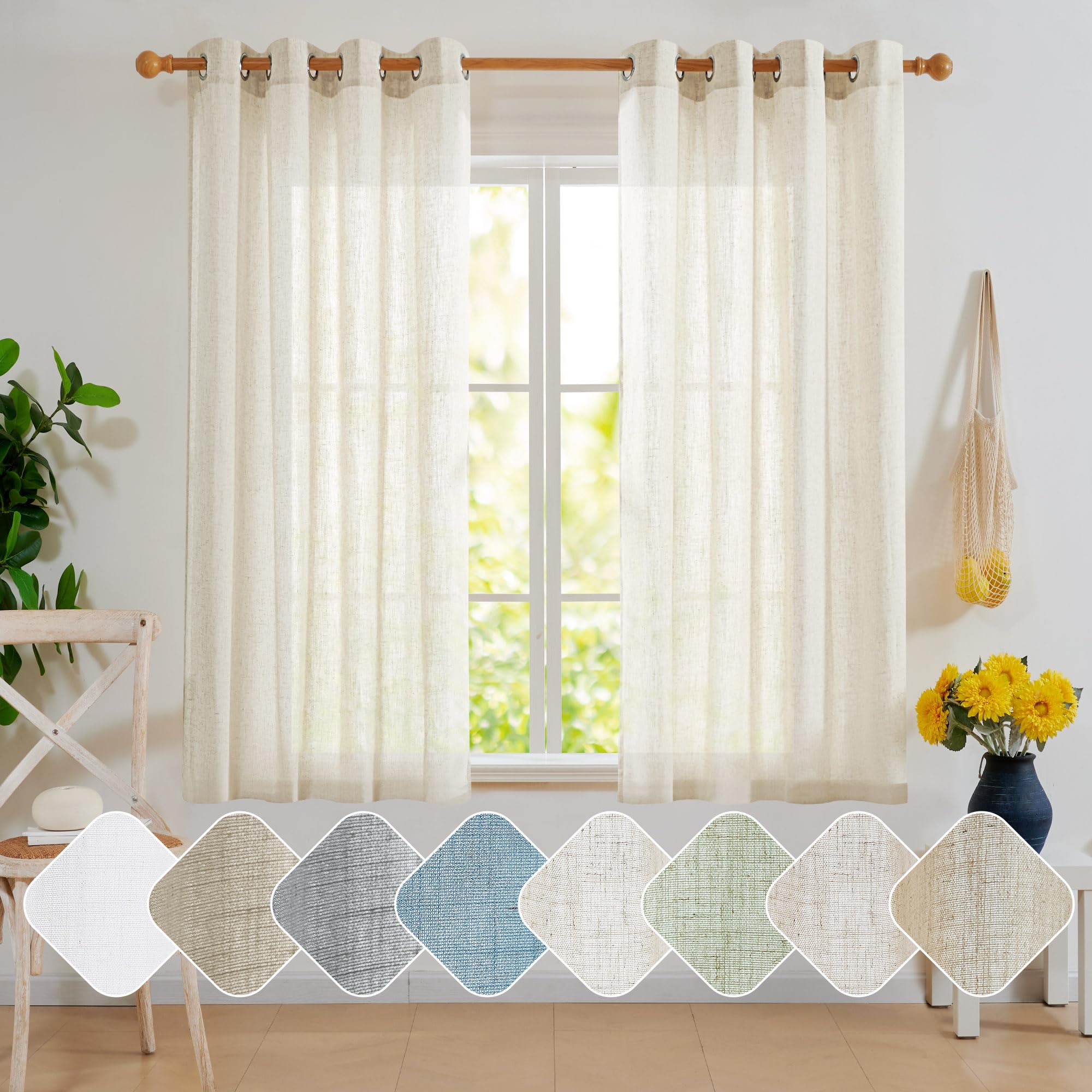 Linen Look Boho Semi-Sheer Curtains, 52x63 Inch, 2 Panels