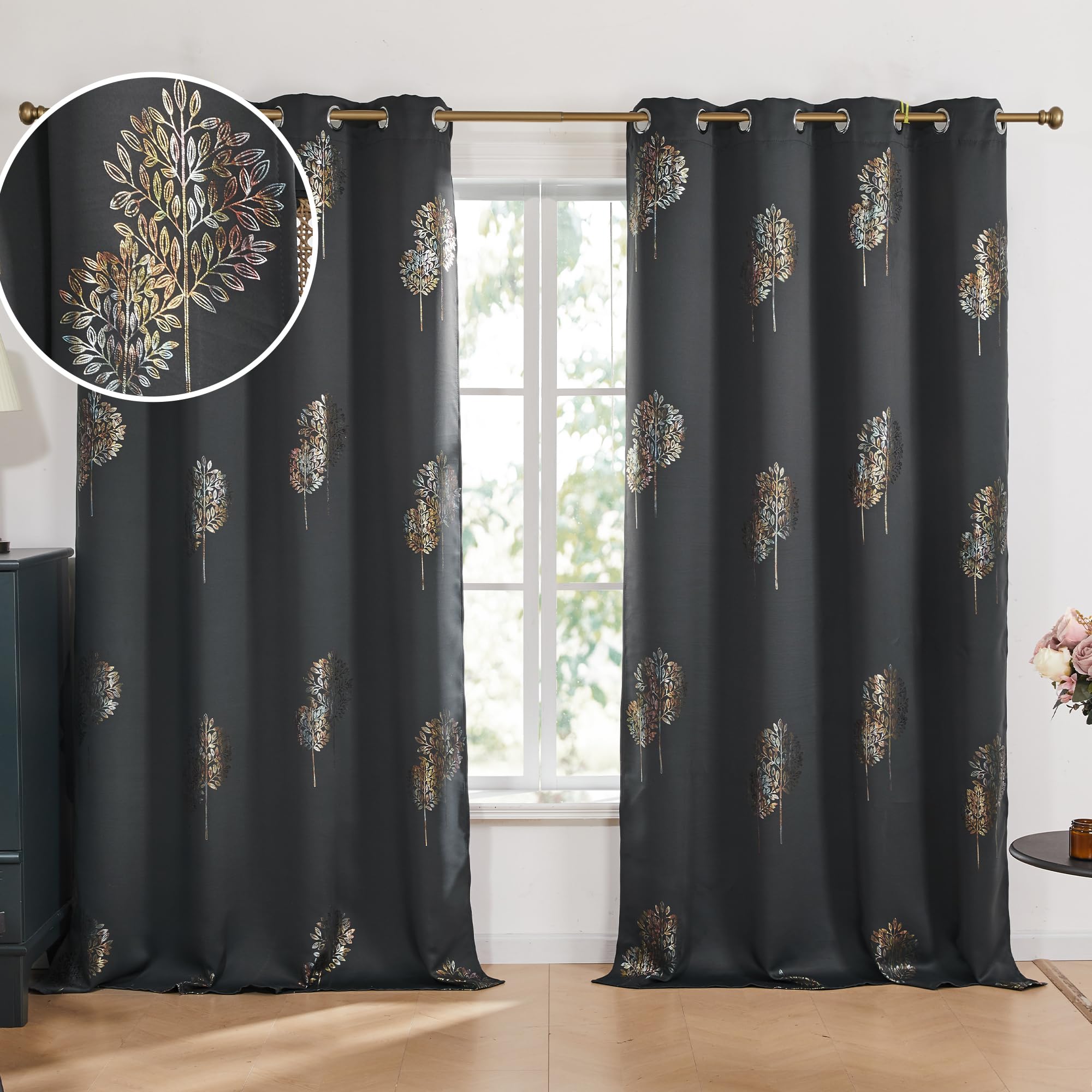 Room Darkening Curtains with Line Foil Print, Navy Blue, 2 Panels