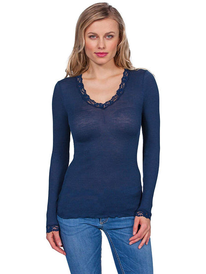 EGi Luxury Wool Silk Long Sleeve Top with Lace Trim. Proudly Made in Italy (1489)