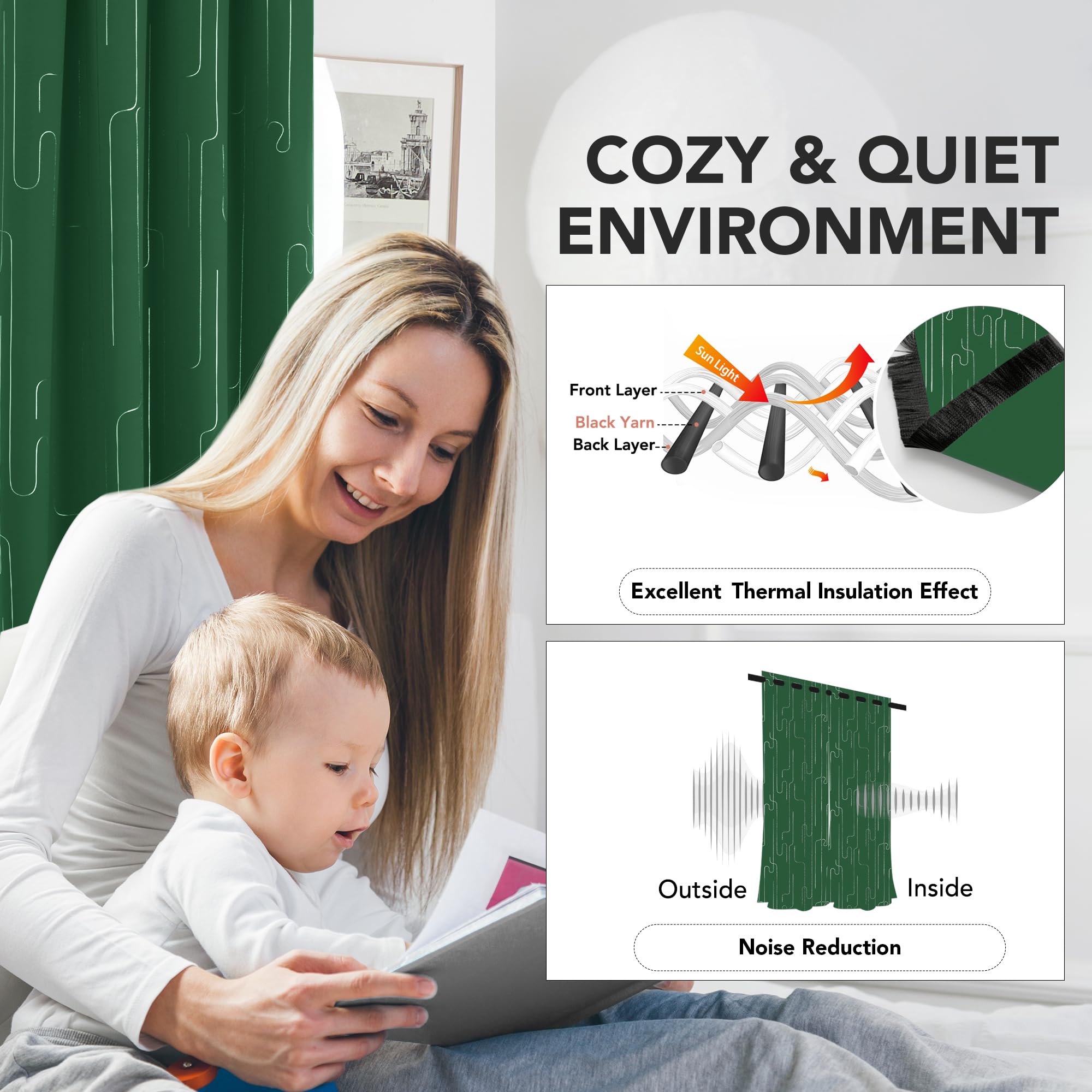 Room Darkening Curtains with Line Foil Print, Navy Blue, 2 Panels