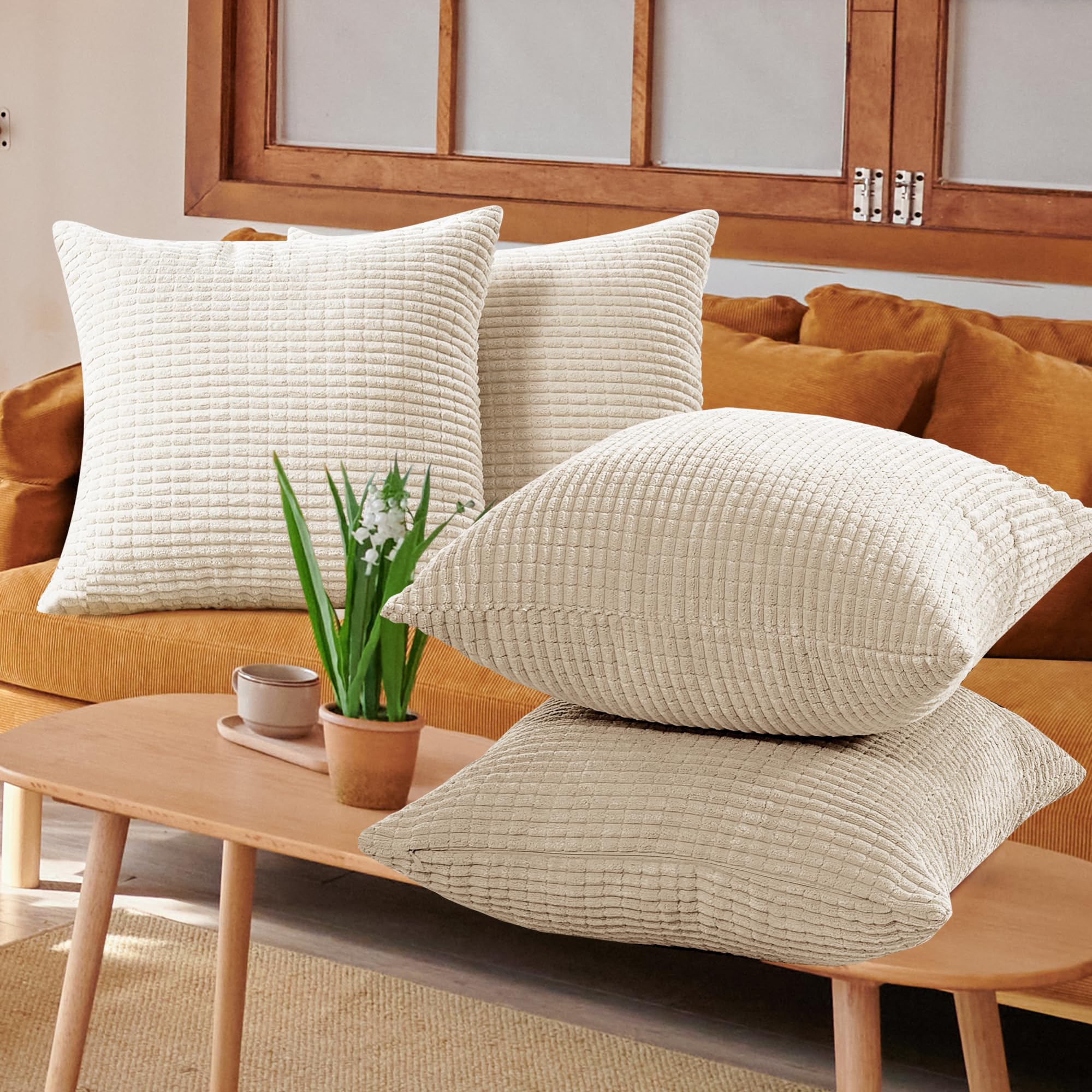 Corduroy Throw Pillow Covers, Cream White, 4PCS
