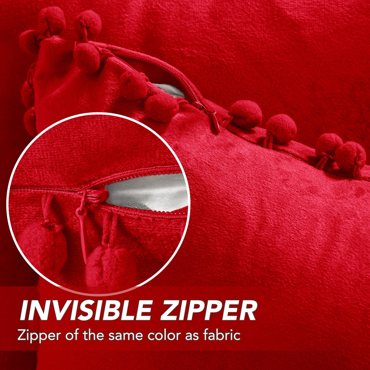 Red Velvet Cushion Covers with Pom-Poms, 2 PCS