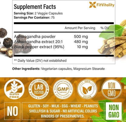 Ashwagandha with Black Pepper Capsules, Non-GMO, Gluten-Free