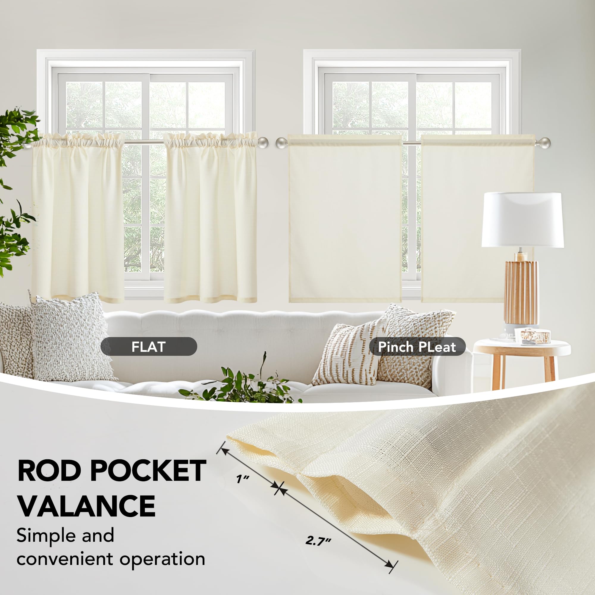 Linen Look Thermal Privacy Cafe Curtains, 2 Panels