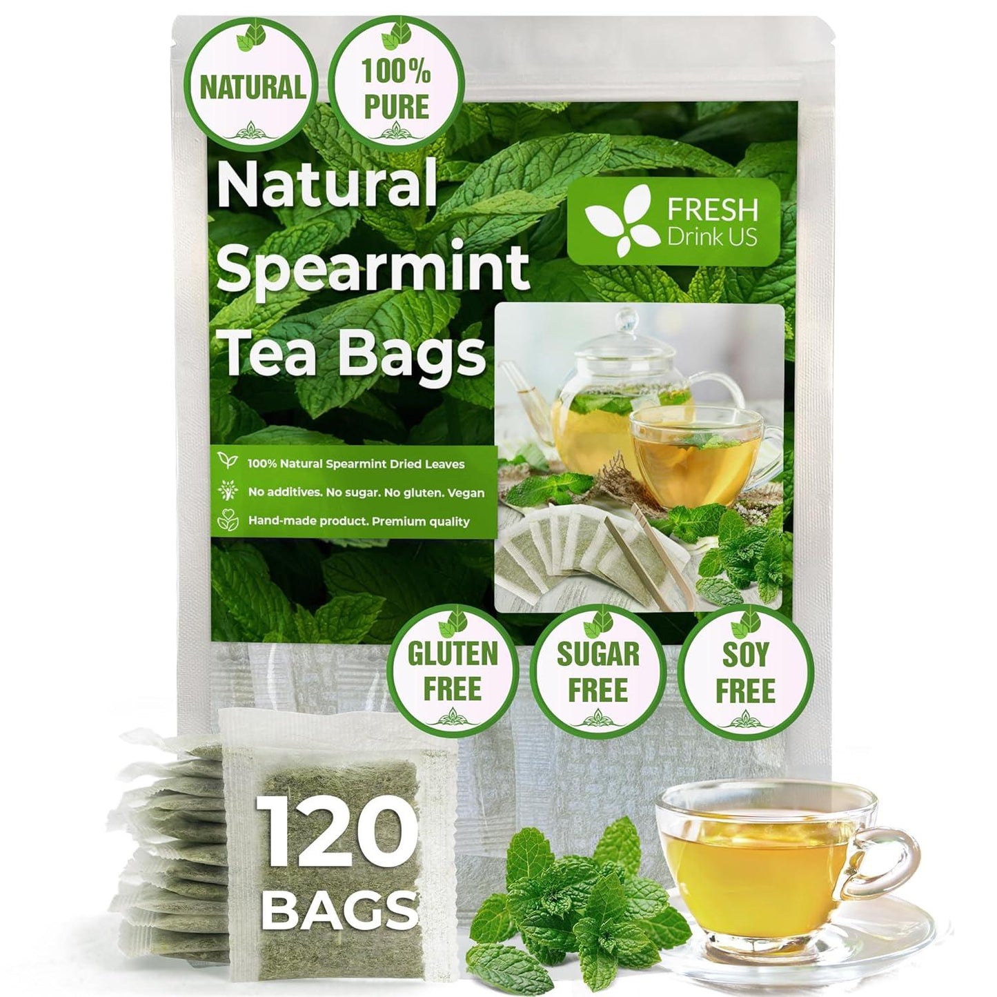 Spearmint Tea Bags, 100% Natural & Pure Spearmint Leaves. Loose Leaf Spearmint Herbal Tea. Spearmint Leaf Tea. No Sugar, No Caffeine, No Gluten, Vegan.