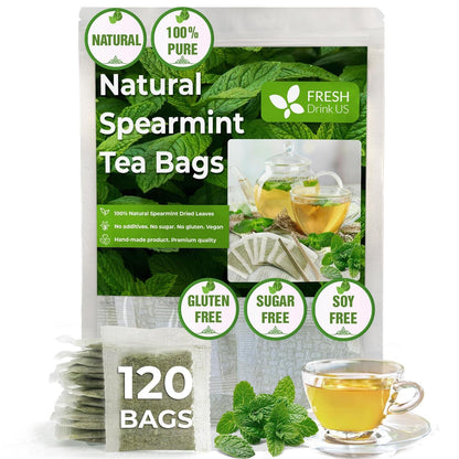 Spearmint Tea Bags, 100% Natural & Pure Spearmint Leaves. Loose Leaf Spearmint Herbal Tea. Spearmint Leaf Tea. No Sugar, No Caffeine, No Gluten, Vegan.