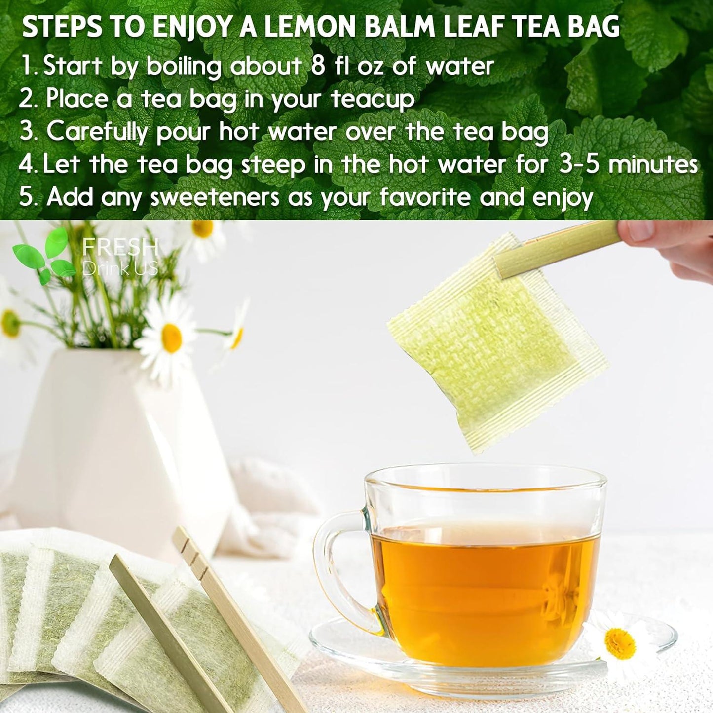 Premium Lemon Balm Leaf Tea Bags, 100% Natural & Pure from Lemon Balm Leaves. Loose Leaf Lemon Balm Herbal Tea. Lemon Balm Leaf Tea. No Sugar, No Caffeine, No Gluten, Vegan.