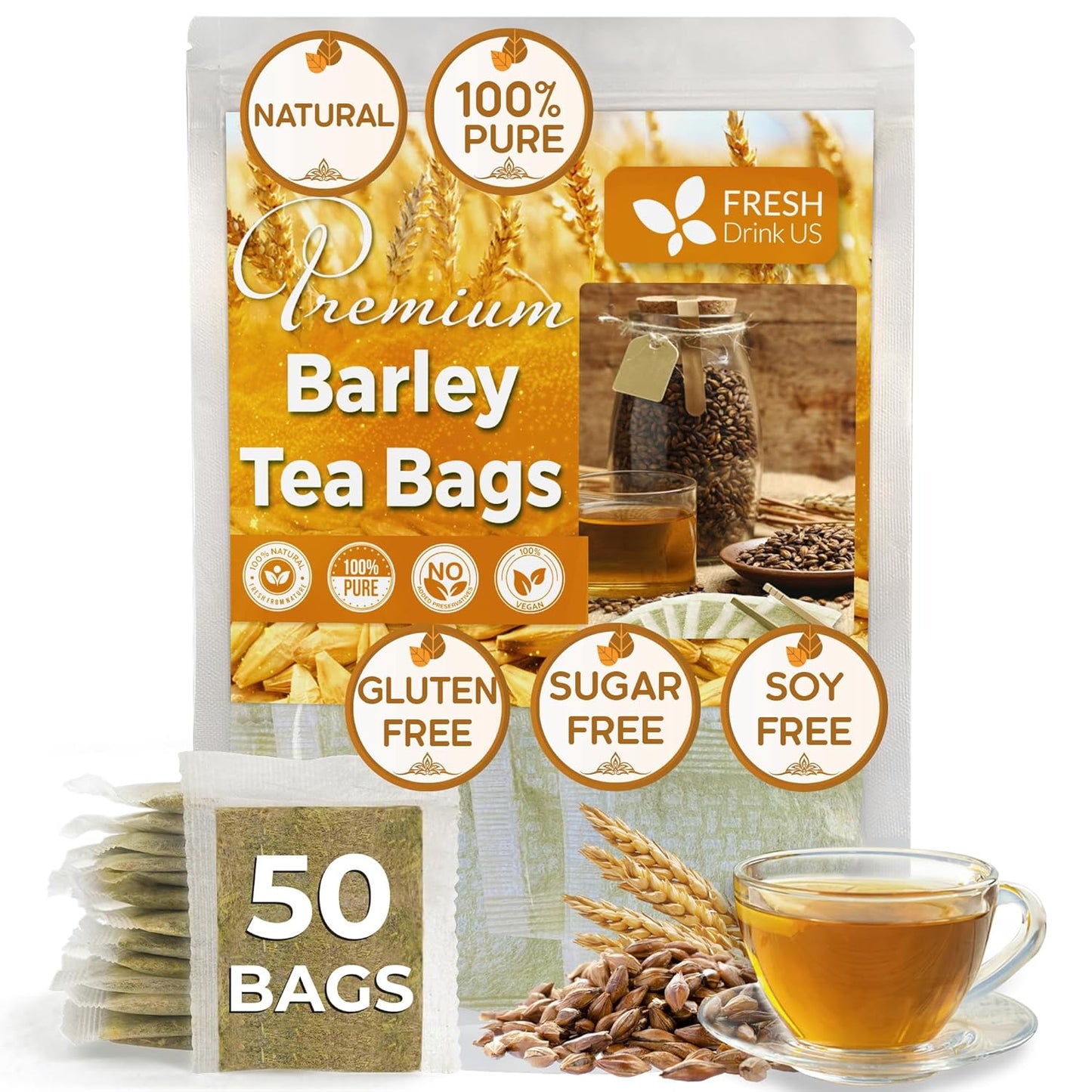 Premium Barley Tea Bags, 100% Natural & Pure from Barley. Loose Barey Herbal Tea. No Sugar, No Caffeine, No Gluten, Vegan.