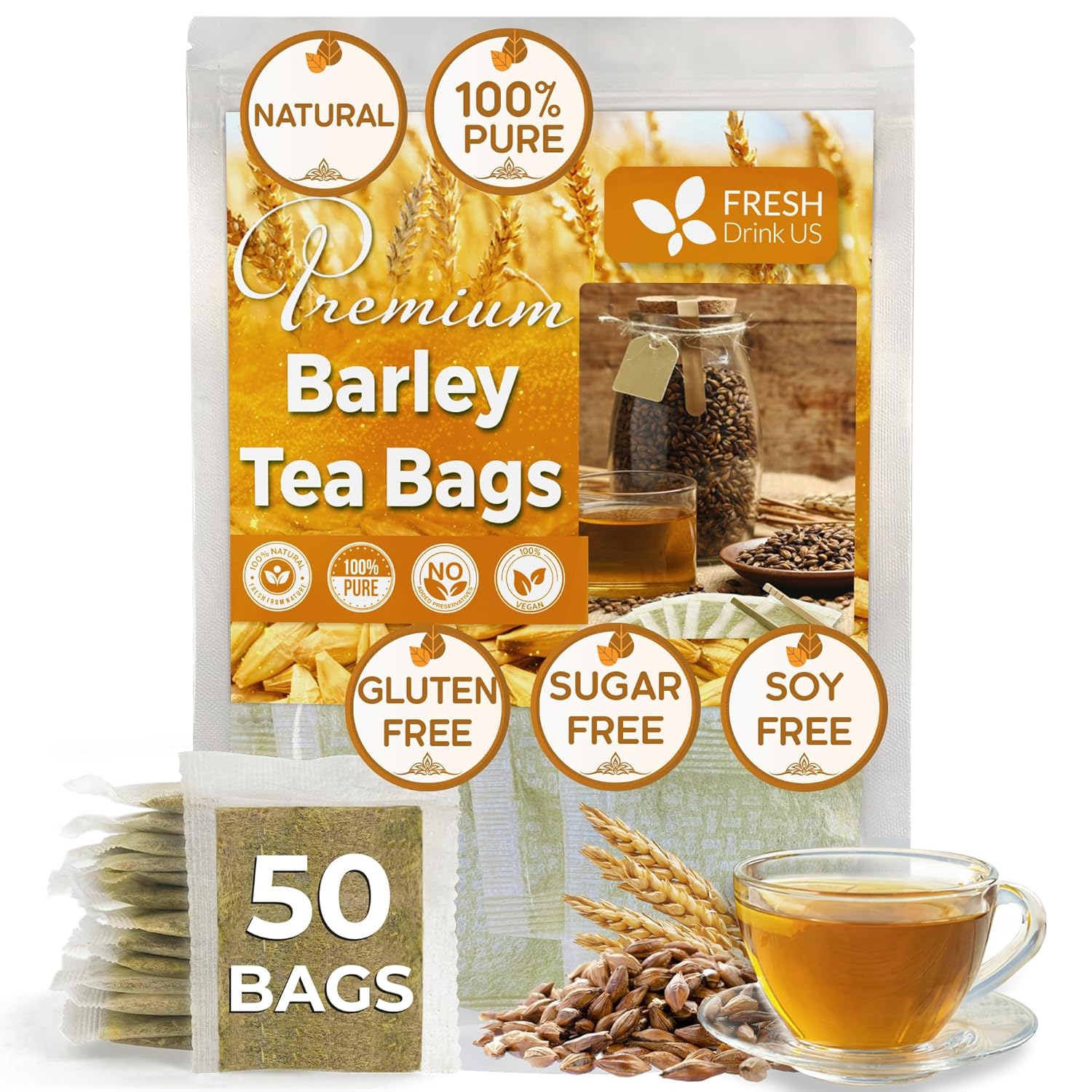 Premium Barley Tea Bags, 100% Natural & Pure from Barley. Loose Barey Herbal Tea. No Sugar, No Caffeine, No Gluten, Vegan.