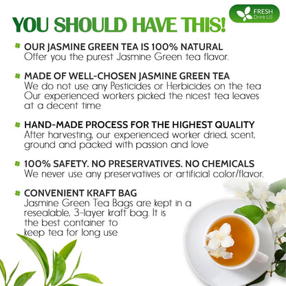 Premium Jasmine Green Tea Bags. Jasmine Green Herbal Tea. Made with Natural Material Tea Bags. No Sugar, No Gluten, Vegan.