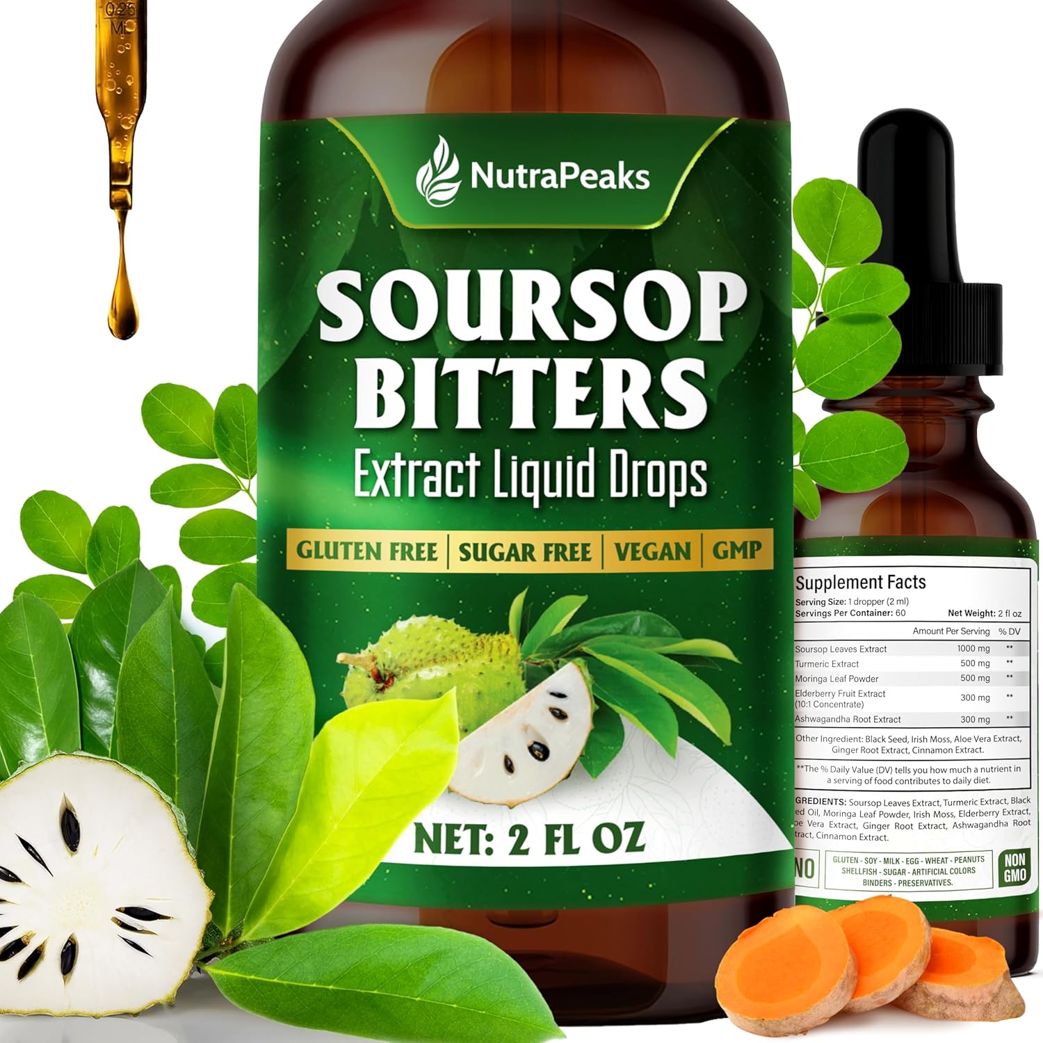 Soursop Bitters Liquid Drops – Premium Herbal Blend with Soursop Leaves, Black Seed, Moringa, Ashwagandha, Senna, Goat Weed & Ginger, 2 fl oz