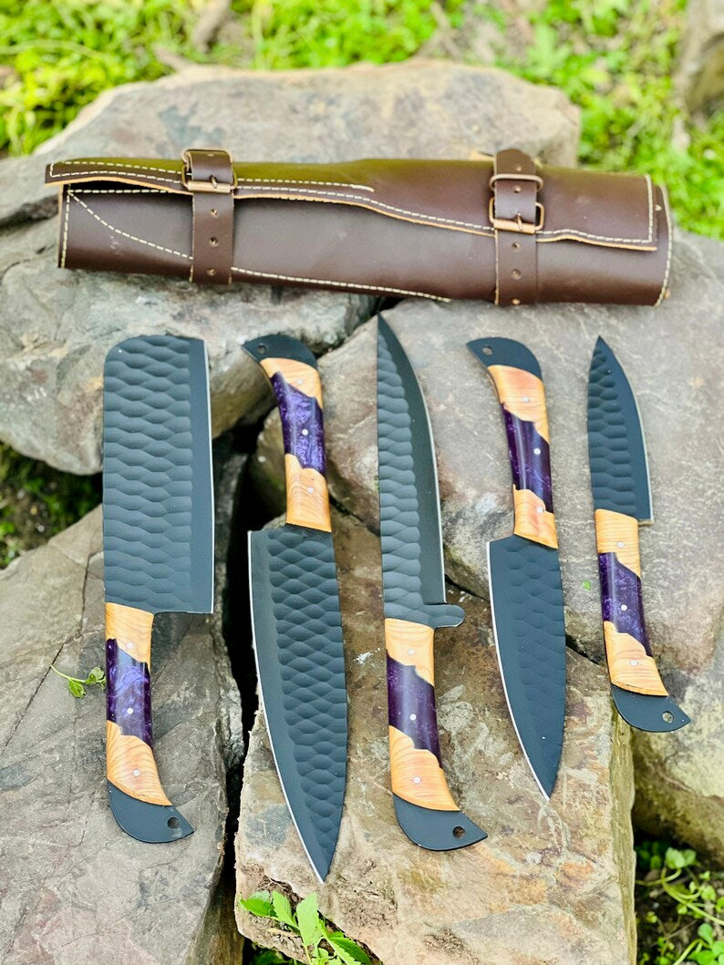 Best Knife Block Set – 13" Forged Stainless Steel Chef Knife with Olivewood & Epoxy Resin Handle + Leather Sheath