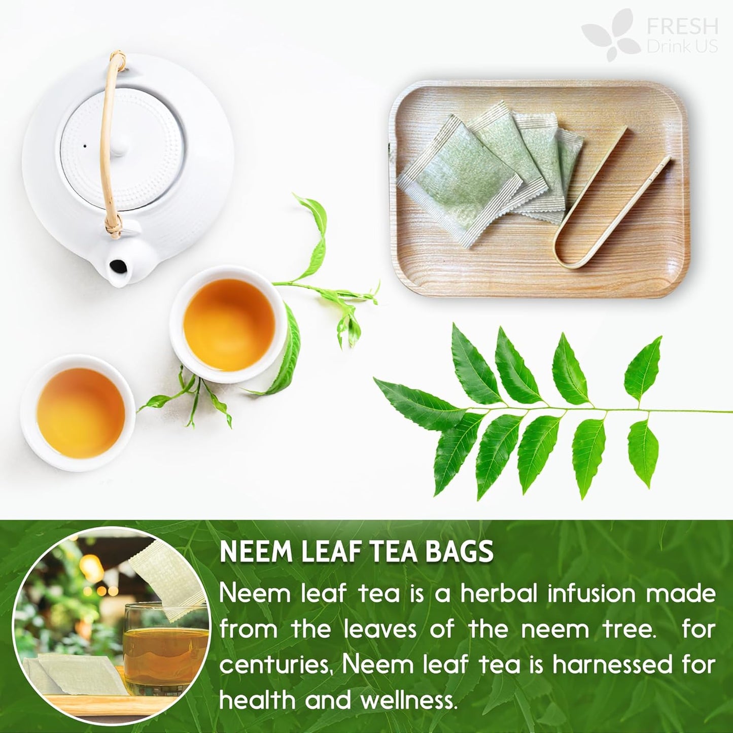 Neem Leaf Tea Bags, 100% Natural and Pure from Neem Leaves. Loose Leaf Neem Herbal Tea. Neem Leaf Tea. No Sugar, No Caffeine, No Gluten, Vegan.