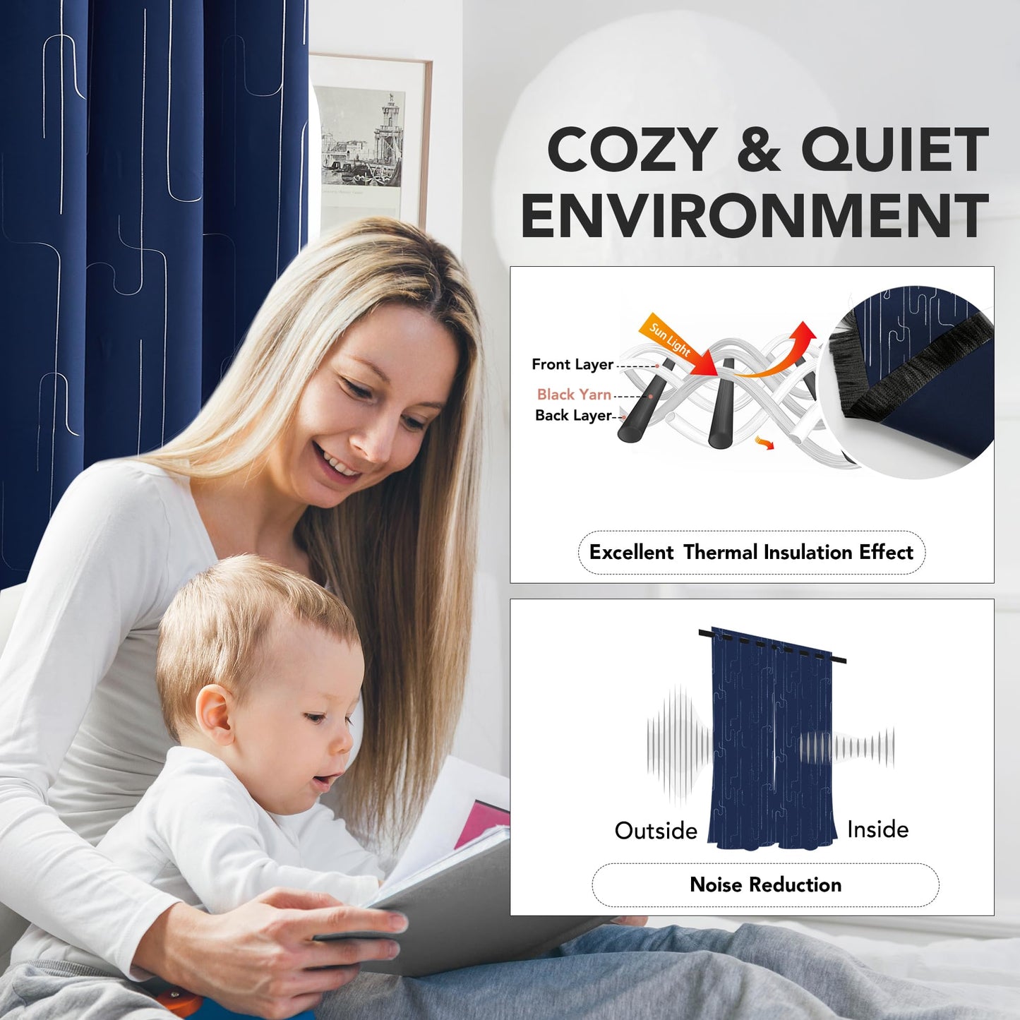 Room Darkening Curtains with Line Foil Print, Navy Blue, 2 Panels