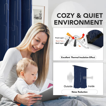 Room Darkening Curtains with Line Foil Print, Navy Blue, 2 Panels