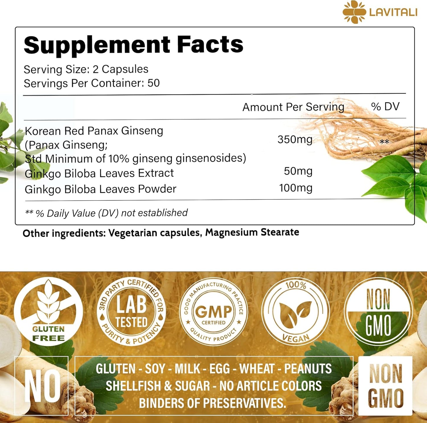 Ginseng & Ginkgo Biloba Veggie Capsules, Non-GMO, Vegan, Gluten Free, Dairy Free