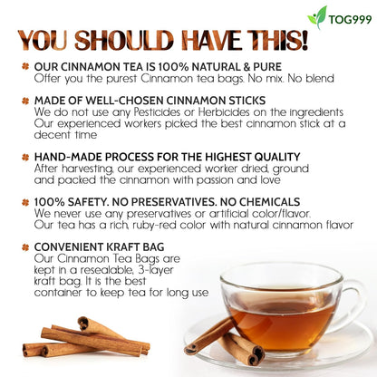 Pure Cinnamon Tea, 100% Natural & Pure Cinnamon. Cinnamon Herbal Tea. Cinnamon Stick Herbal Spice Tea. No Sugar, No Caffeine, No Gluten, Vegan.