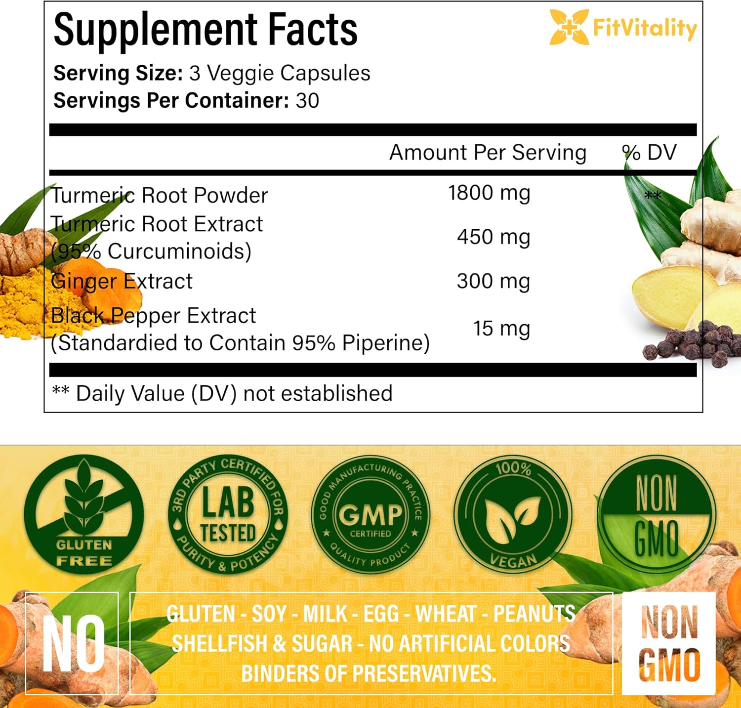 Turmeric Curcumin & BioPerine Black Pepper Extract, Non – GMO, Gluten-Free, Vegan Capsules