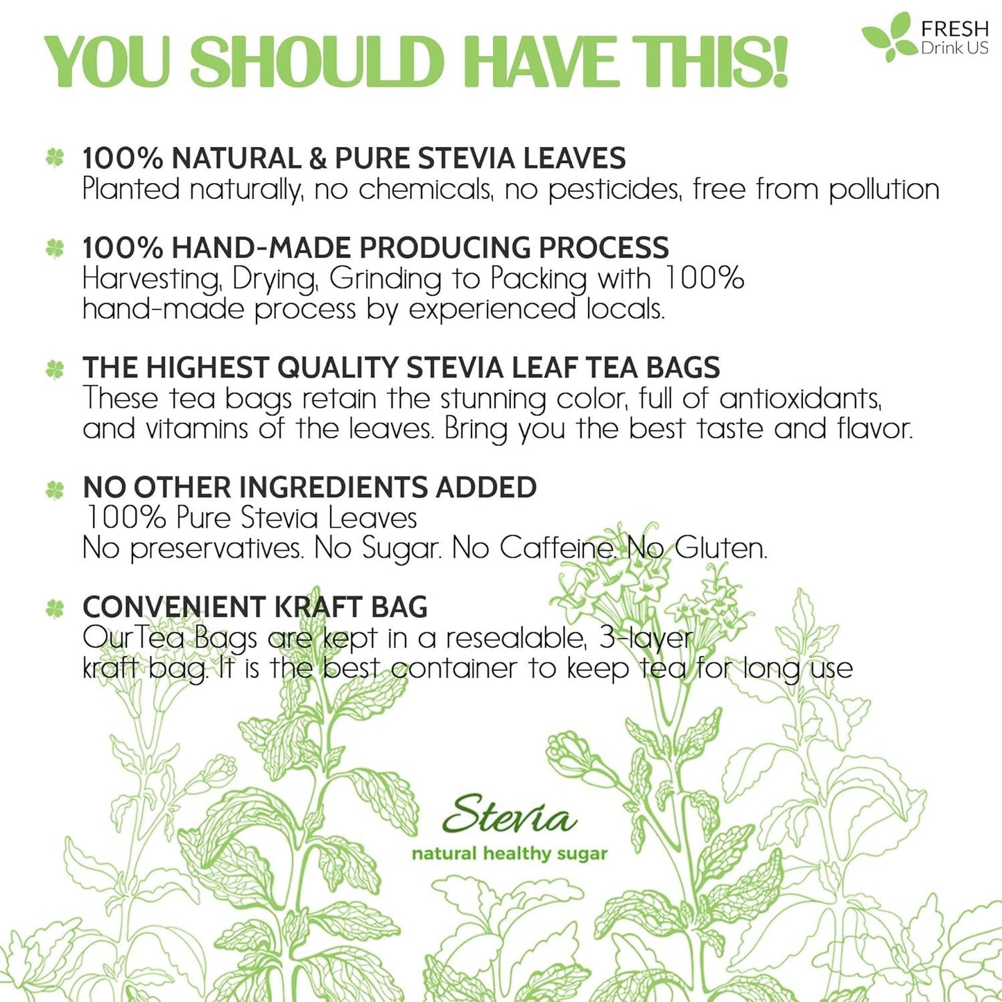 Stevia Leaf, Whole Dried Leaves, Tea Bags, Powder, 100% Natural and Pure from Stevia Leaves. Sugar Substitute for Tea, Coffee. Loose Leaf Stevia Herbal Tea. Zero Calorie Sweetener. No Sugar, No Caffeine, No Gluten, Vegan.