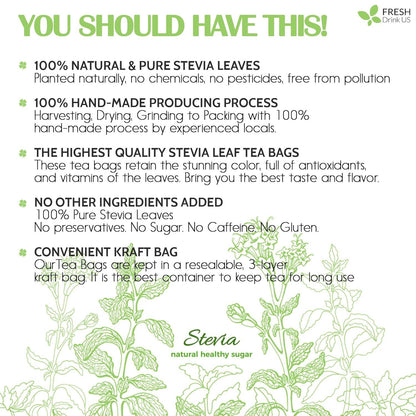 Stevia Leaf, Whole Dried Leaves, Tea Bags, Powder, 100% Natural and Pure from Stevia Leaves. Sugar Substitute for Tea, Coffee. Loose Leaf Stevia Herbal Tea. Zero Calorie Sweetener. No Sugar, No Caffeine, No Gluten, Vegan.