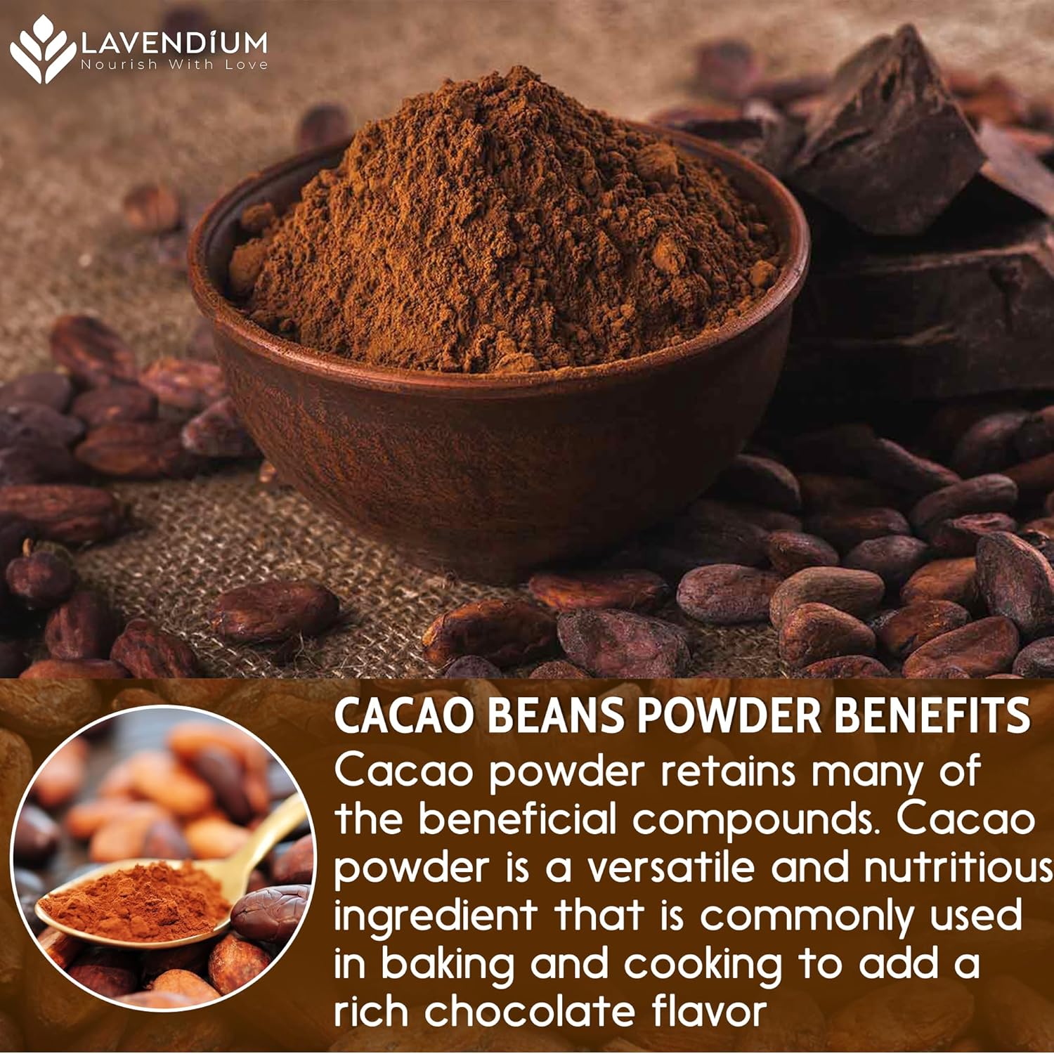 Cacao Powder, 25oz (1.56 lbs), 100% Natural & Pure, Unsweetened, Rich Chocolate Flavor, Perfect for Baking & Smoothies