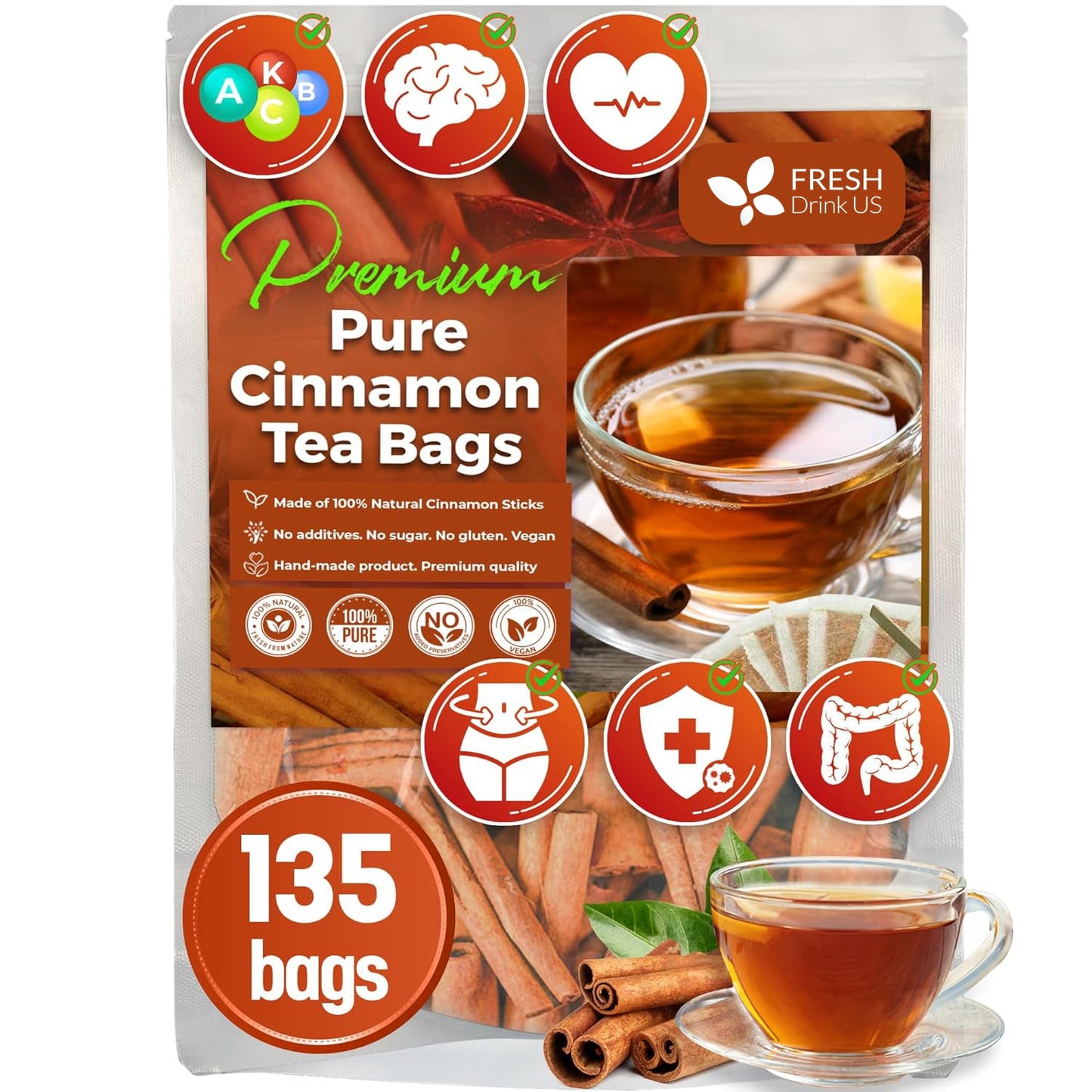 Pure Cinnamon Tea, 100% Natural & Pure Cinnamon. Cinnamon Herbal Tea. Cinnamon Stick Herbal Spice Tea. No Sugar, No Caffeine, No Gluten, Vegan.