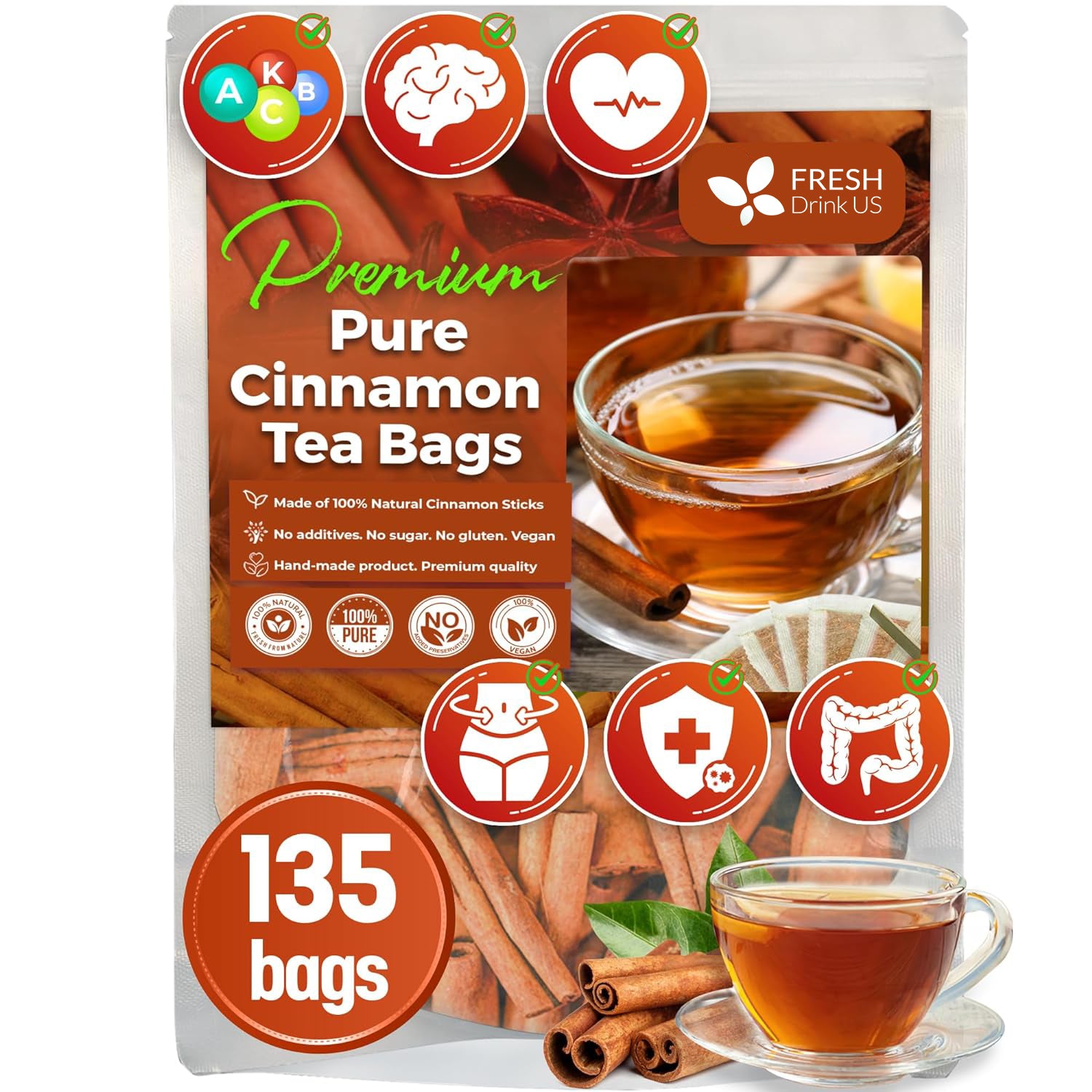 Pure Cinnamon Tea, 100% Natural & Pure Cinnamon. Cinnamon Herbal Tea. Cinnamon Stick Herbal Spice Tea. No Sugar, No Caffeine, No Gluten, Vegan.