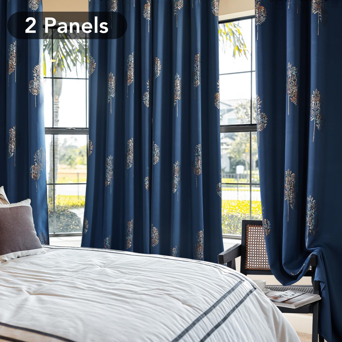 Room Darkening Curtains with Line Foil Print, Navy Blue, 2 Panels