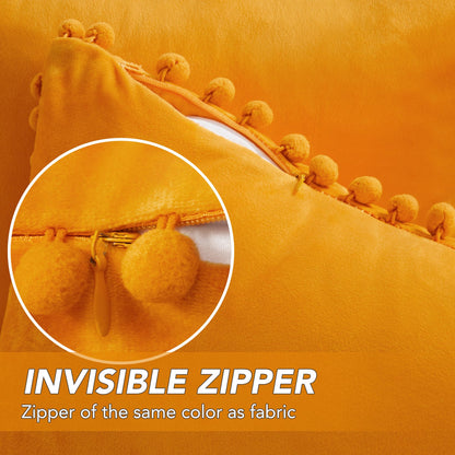 Velvet Throw Pillow Covers with Pom-Poms, 26x26 Inch