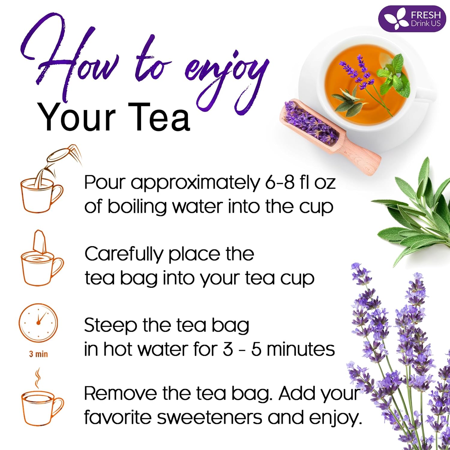 Premium Lavender Mint Tea Bags. 100% Natural, Blend of Lavender, Peppermint, Sage and Licorice.