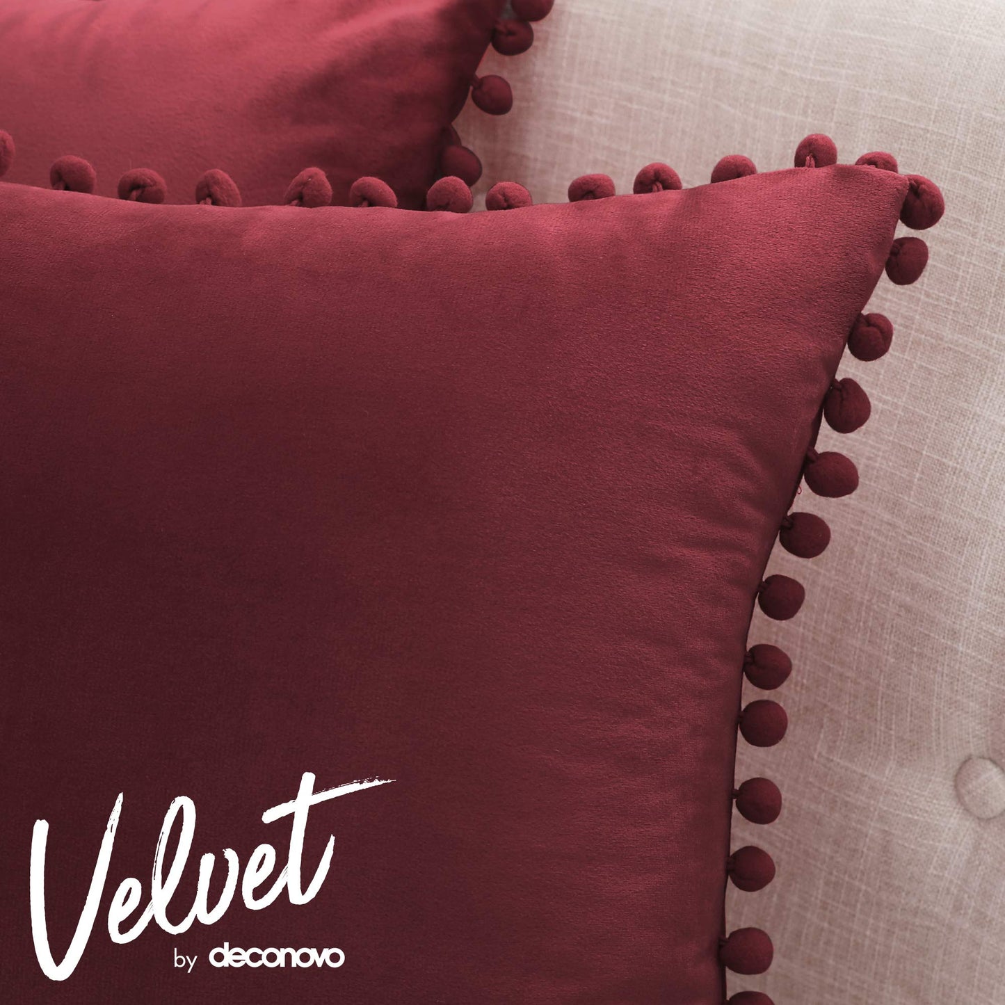 Velvet Throw Pillow Covers with Pom-Poms, 26x26 Inch