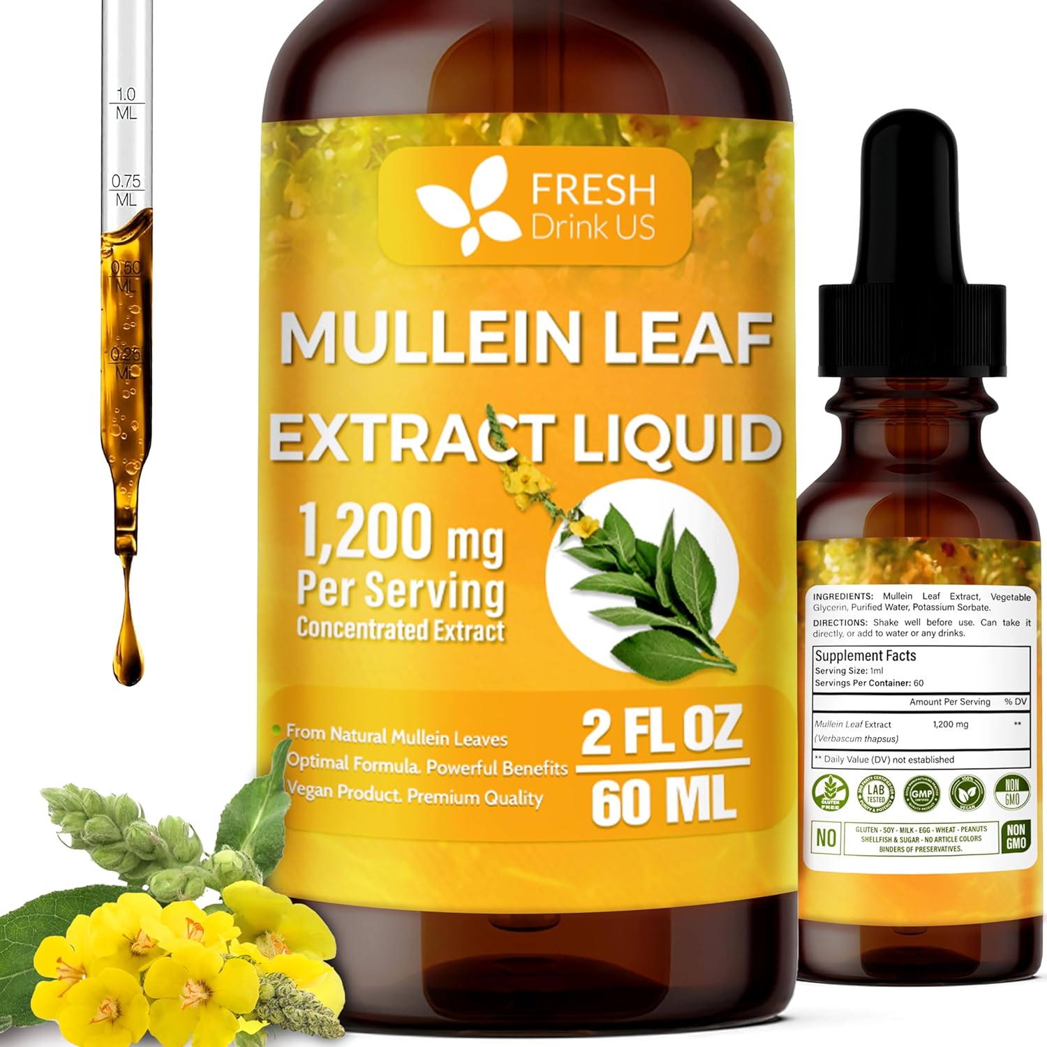 Mullein Drops for Lungs Cleanse Support, Mullein Extract Liquid – 100% from Natural Mullein Leaves, Non-GMO, Gluten-Free