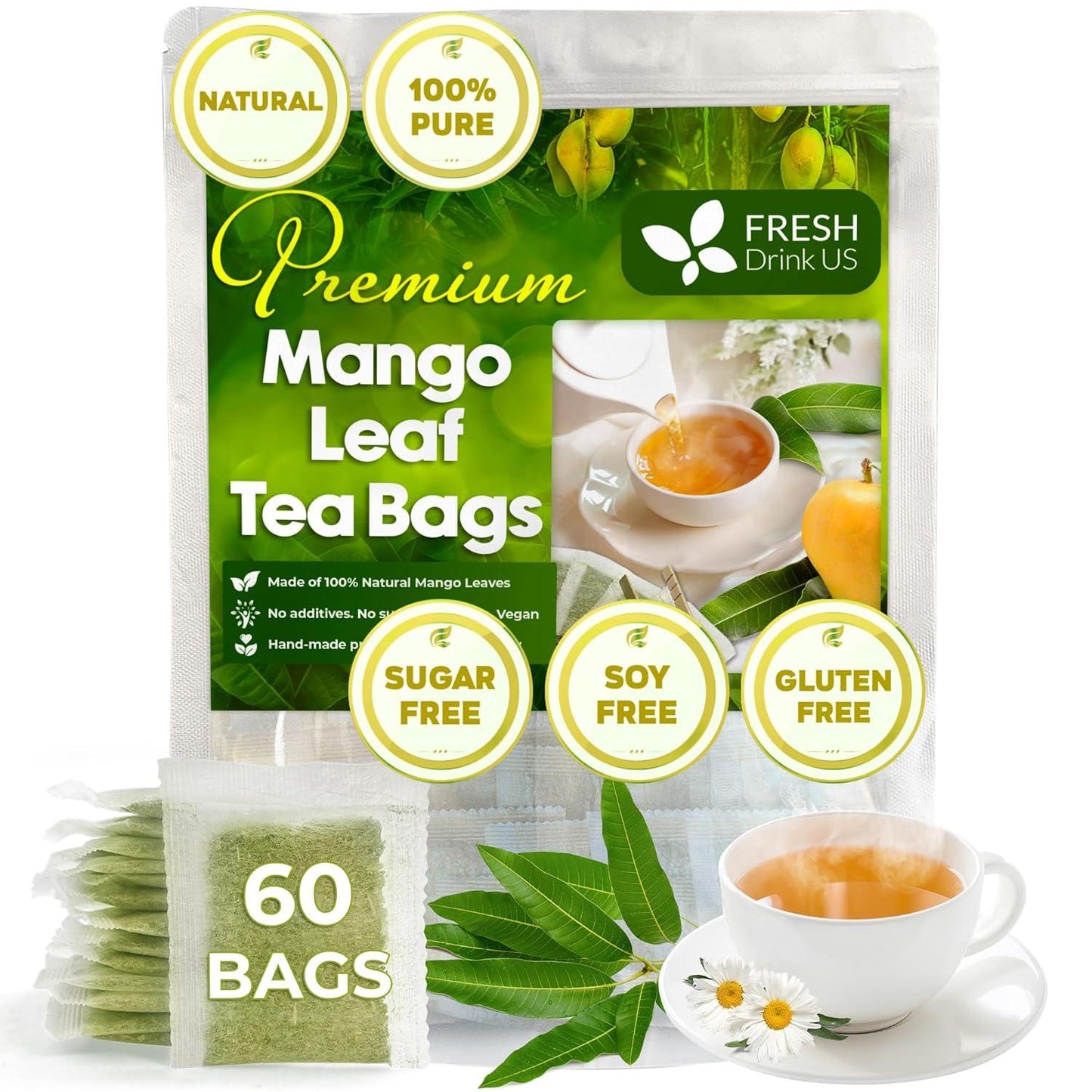 Mango Leaf, Whole Dried Leaves, Tea Bags, Powder, 100% Natural & Pure from Mango Leaves. Mango Dried Leaves. Loose Leaf Mango Herbal Tea. Mango Leaf Tea. No Sugar, No Caffeine, No Gluten, Vegan.