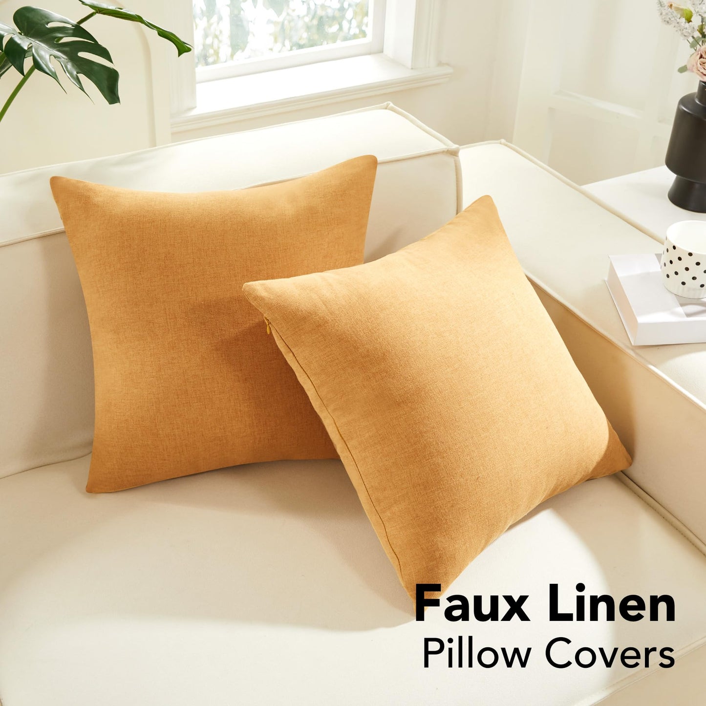 Faux Linen Pillow Covers, 16x16 Inch, Creamy White, 2PCS