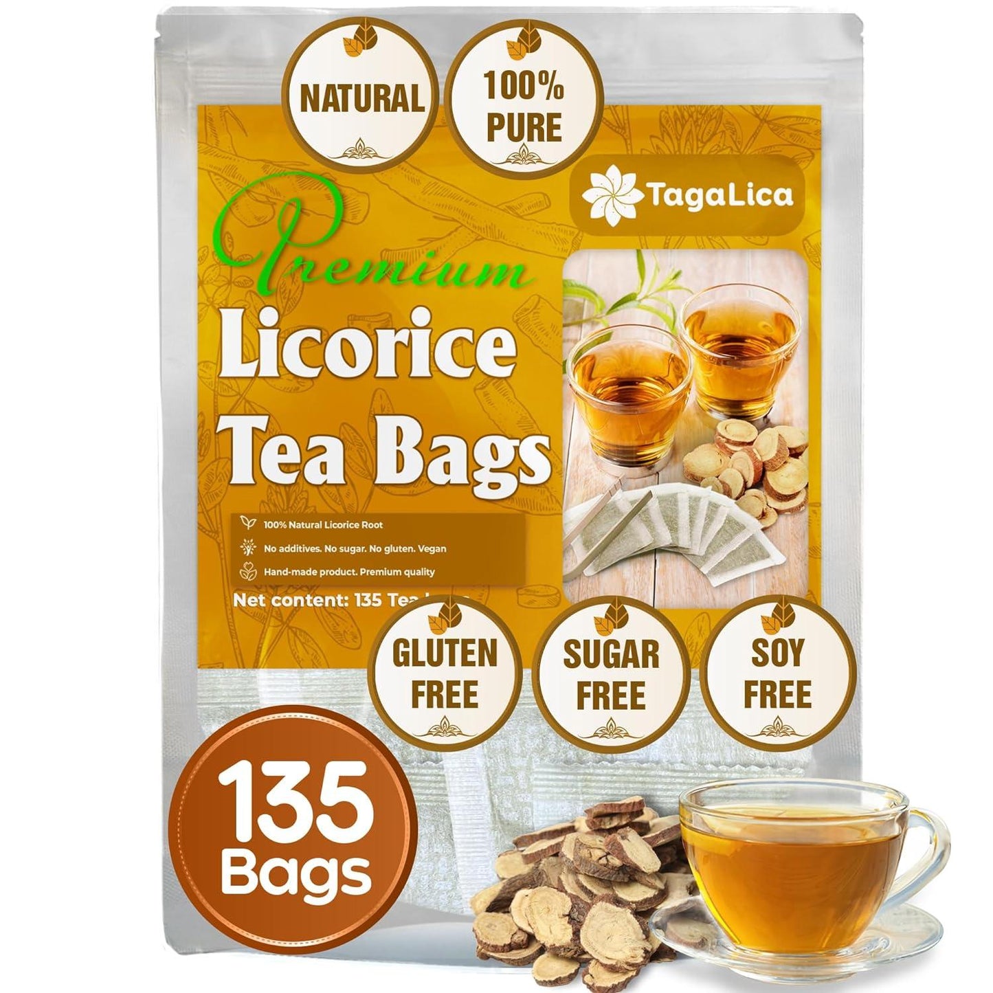 Premium Licorice Root Tea Bags, 100% Natural, Pure Licorice Root, Eco-Conscious Tea Bags, Licorice Root Herbal Tea, Licorice Root Tea. No Sugar, No Caffeine, No Gluten, Vegan