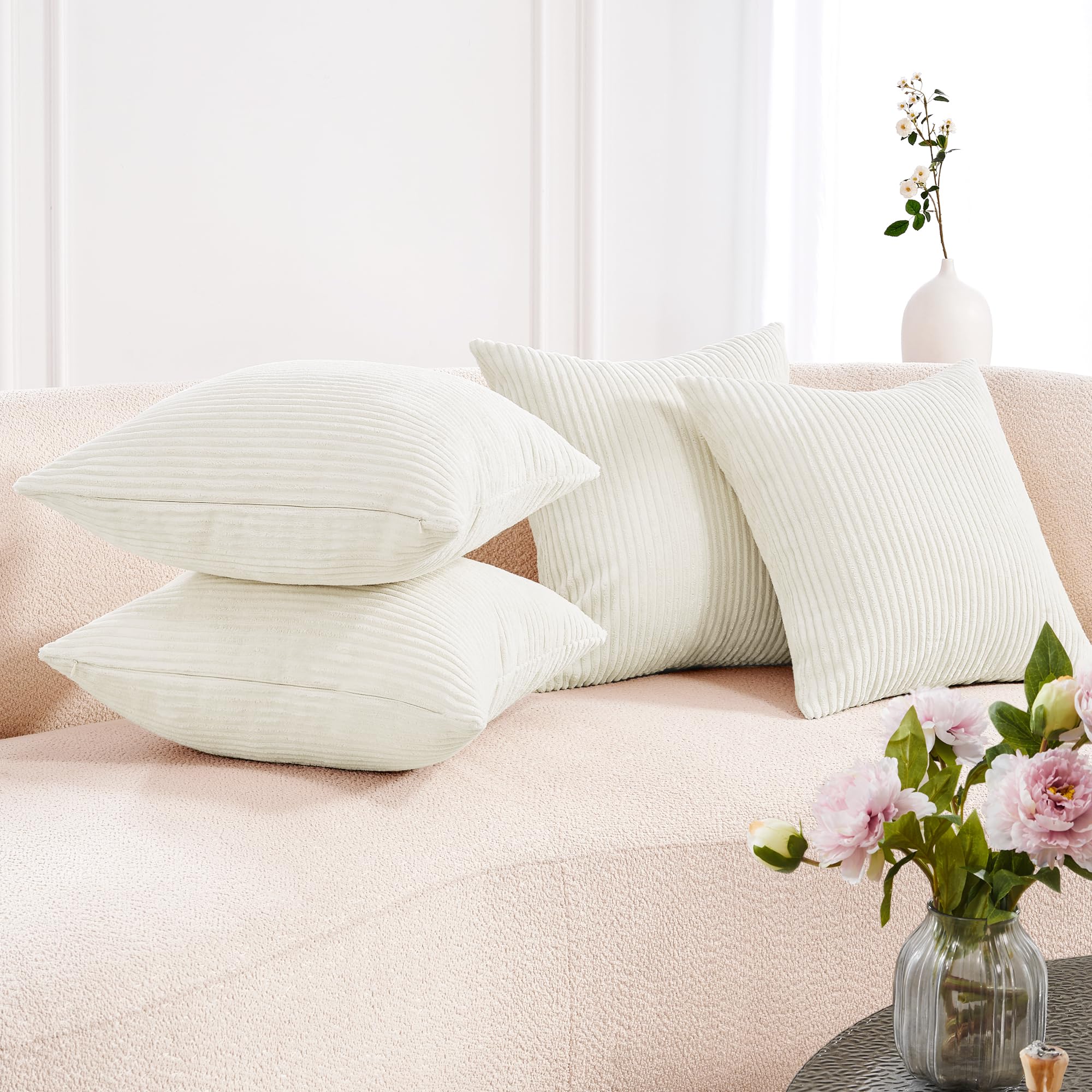 Corduroy Throw Pillow Covers, Cream White, 4PCS