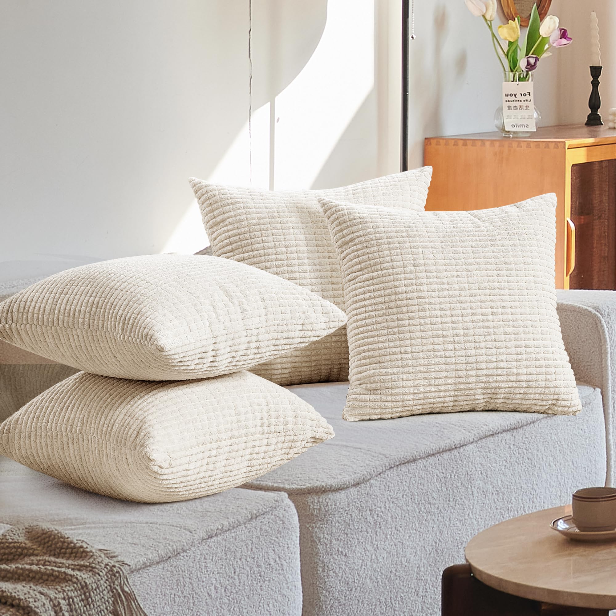 Corduroy Throw Pillow Covers, Cream White, 4PCS