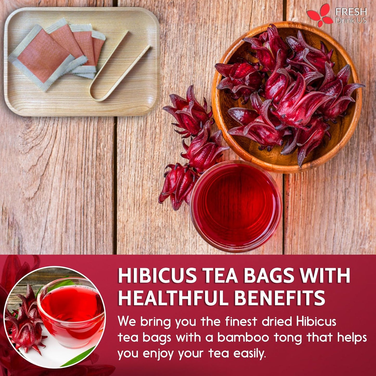 Hibiscus Dried Flowers, Tea Bags, 100% Natural, Pure from Hibiscus Flowers. Loose Flower Hibiscus Herbal Tea. Hibiscus Flower Tea. No Sugar, No Caffeine, No Gluten, Vegan.