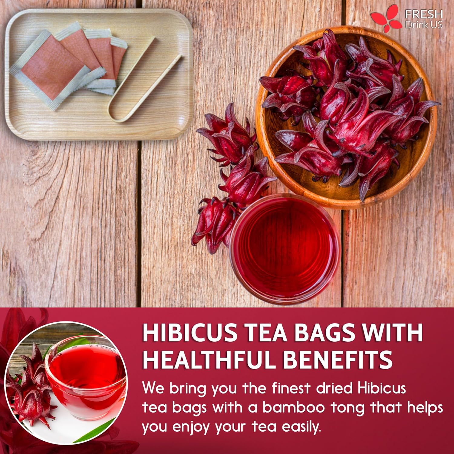 Hibiscus Dried Flowers, Tea Bags, 100% Natural, Pure from Hibiscus Flowers. Loose Flower Hibiscus Herbal Tea. Hibiscus Flower Tea. No Sugar, No Caffeine, No Gluten, Vegan.