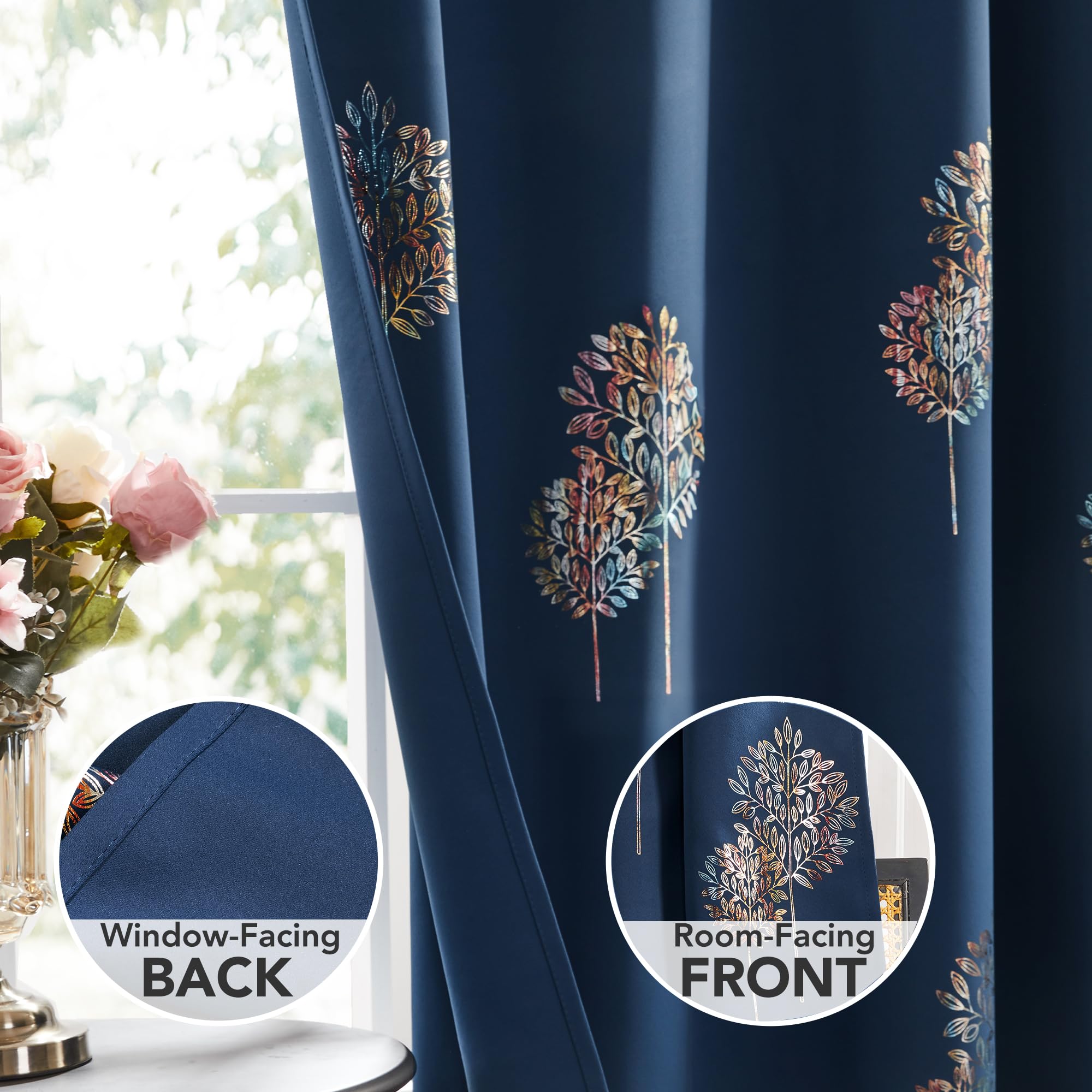 Room Darkening Curtains with Line Foil Print, Navy Blue, 2 Panels